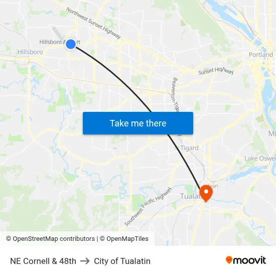 NE Cornell & 48th to City of Tualatin map