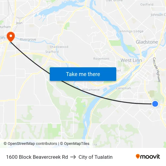 1600 Block Beavercreek Rd to City of Tualatin map