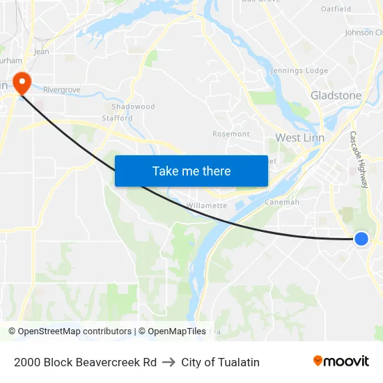 2000 Block Beavercreek Rd to City of Tualatin map