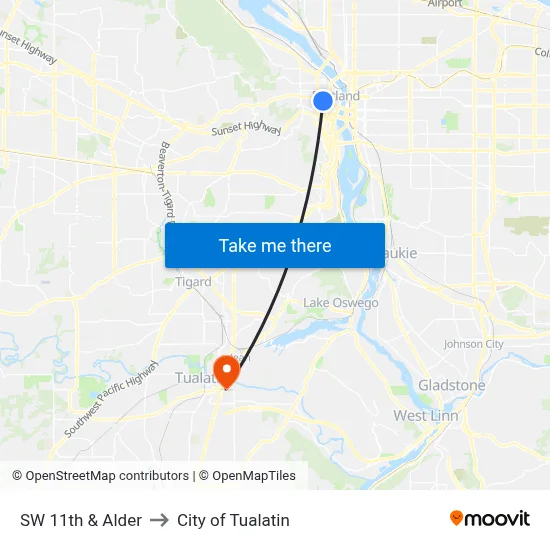 SW 11th & Alder to City of Tualatin map