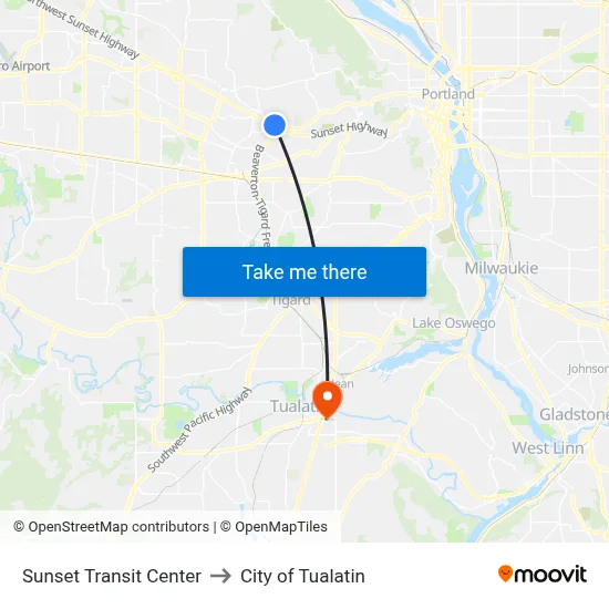 Sunset Transit Center to City of Tualatin map
