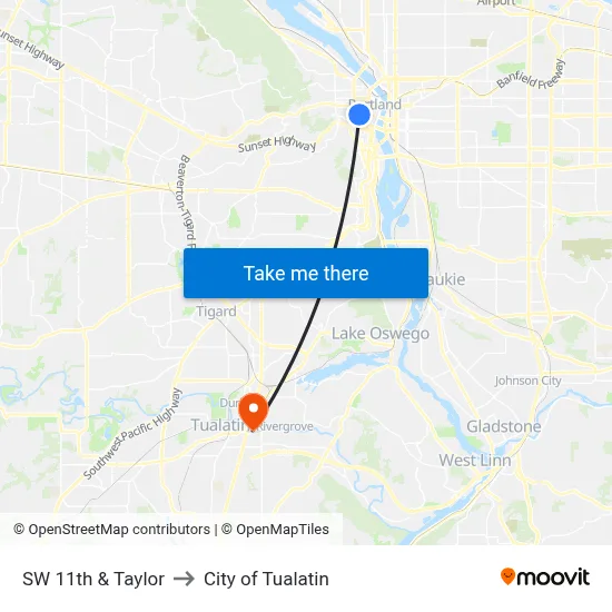 SW 11th & Taylor to City of Tualatin map