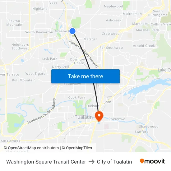 Washington Square Transit Center to City of Tualatin map