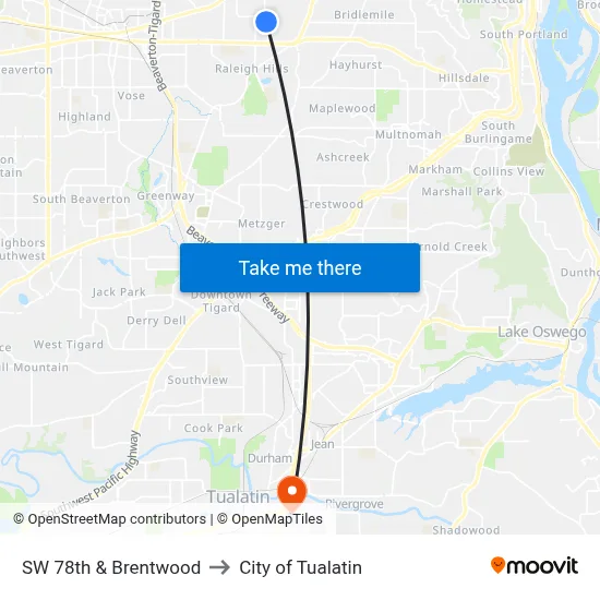 SW 78th & Brentwood to City of Tualatin map