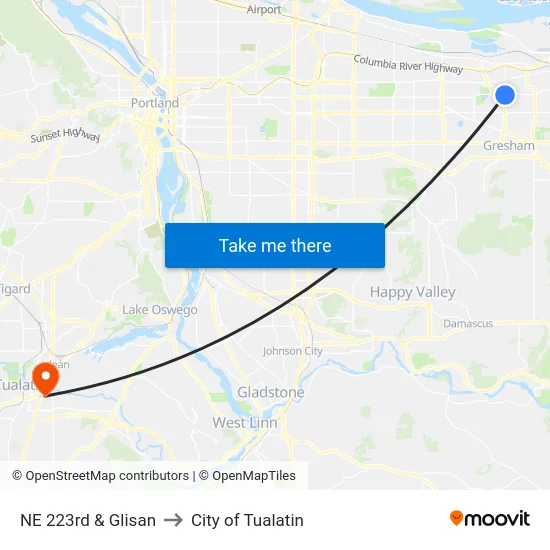 NE 223rd & Glisan to City of Tualatin map