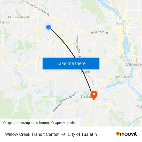 Willow Creek Transit Center to City of Tualatin map