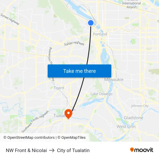 NW Front & Nicolai to City of Tualatin map