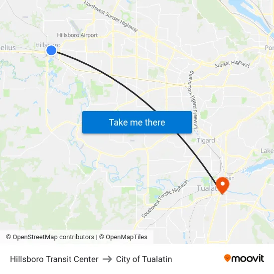 Hillsboro Transit Center to City of Tualatin map