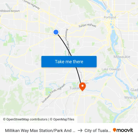Millikan Way Max Station/Park And Ride to City of Tualatin map