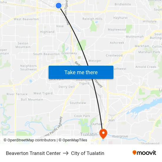 Beaverton Transit Center to City of Tualatin map