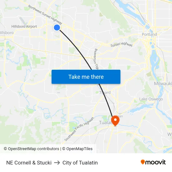 NE Cornell & Stucki to City of Tualatin map