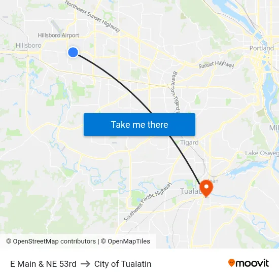 E Main & NE 53rd to City of Tualatin map