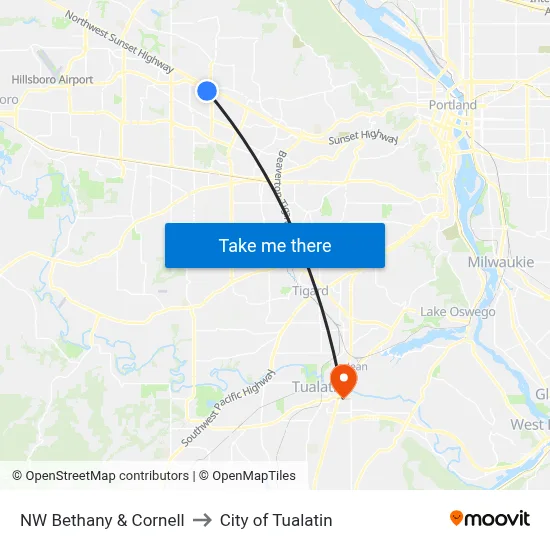 NW Bethany & Cornell to City of Tualatin map
