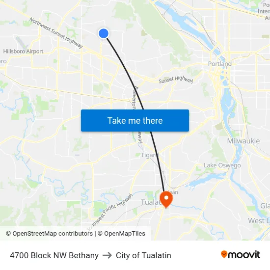 4700 Block NW Bethany to City of Tualatin map