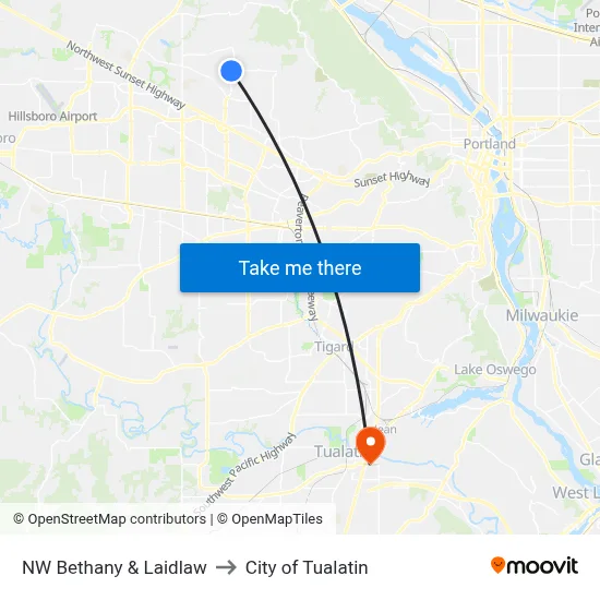 NW Bethany & Laidlaw to City of Tualatin map