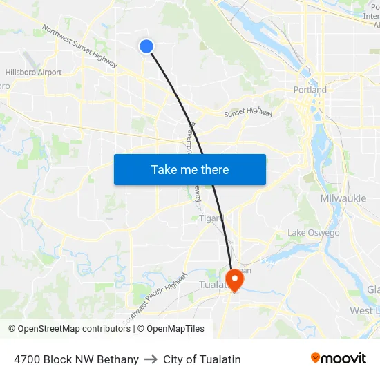 4700 Block NW Bethany to City of Tualatin map