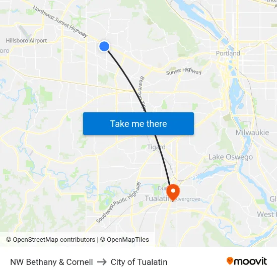 NW Bethany & Cornell to City of Tualatin map