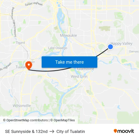 SE Sunnyside & 132nd to City of Tualatin map