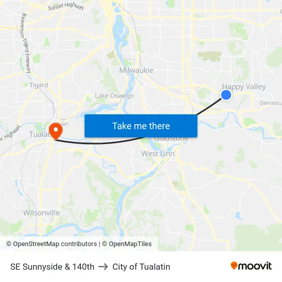 SE Sunnyside & 140th to City of Tualatin map