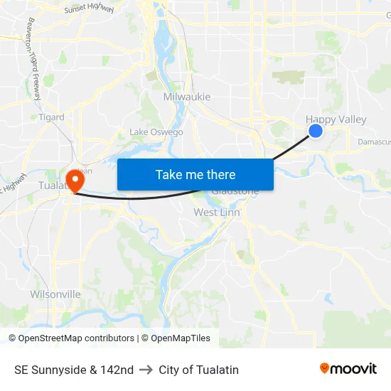 SE Sunnyside & 142nd to City of Tualatin map