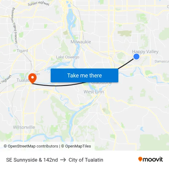 SE Sunnyside & 142nd to City of Tualatin map