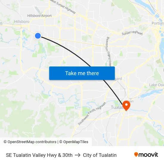 SE Tualatin Valley Hwy & 30th to City of Tualatin map