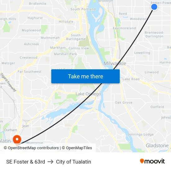 SE Foster & 63rd to City of Tualatin map