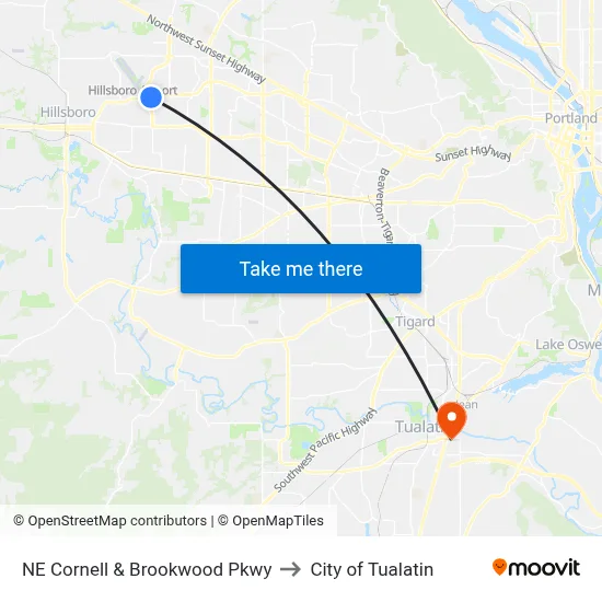 NE Cornell & Brookwood Pkwy to City of Tualatin map