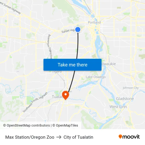 Max Station/Oregon Zoo to City of Tualatin map