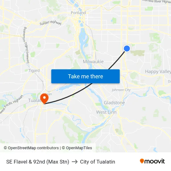 SE Flavel & 92nd (Max Stn) to City of Tualatin map