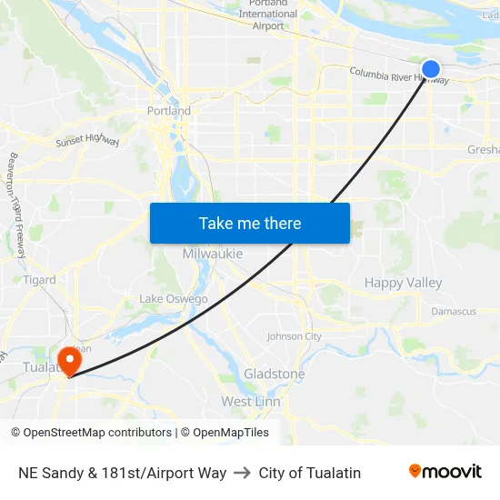 NE Sandy & 181st/Airport Way to City of Tualatin map