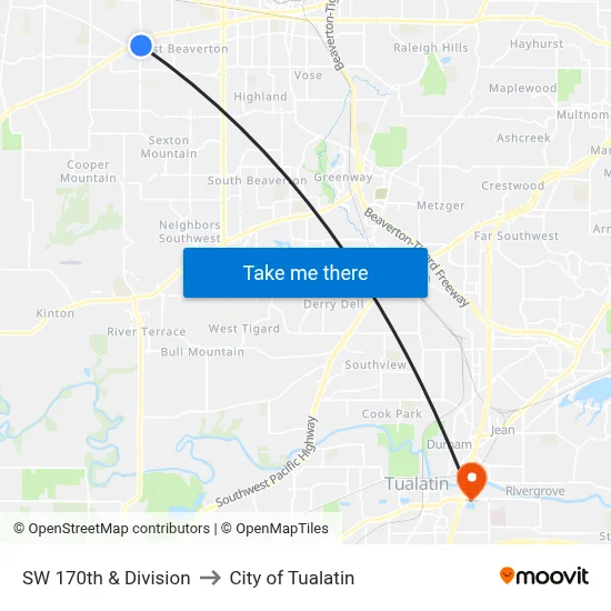 SW 170th & Division to City of Tualatin map