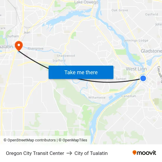 Oregon City Transit Center to City of Tualatin map