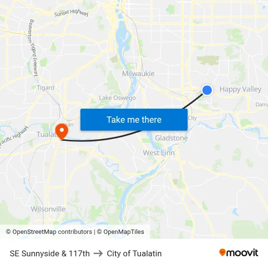 SE Sunnyside & 117th to City of Tualatin map