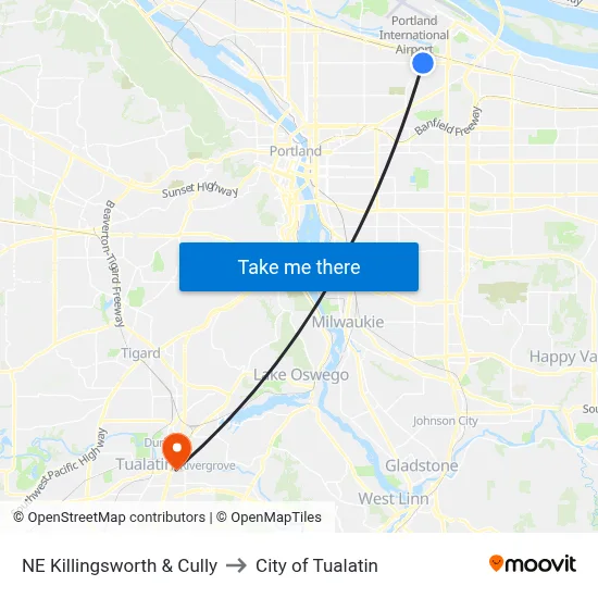 NE Killingsworth & Cully to City of Tualatin map
