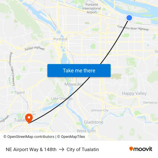 NE Airport Way & 148th to City of Tualatin map