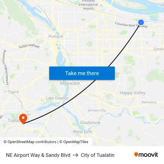 NE Airport Way & Sandy Blvd to City of Tualatin map