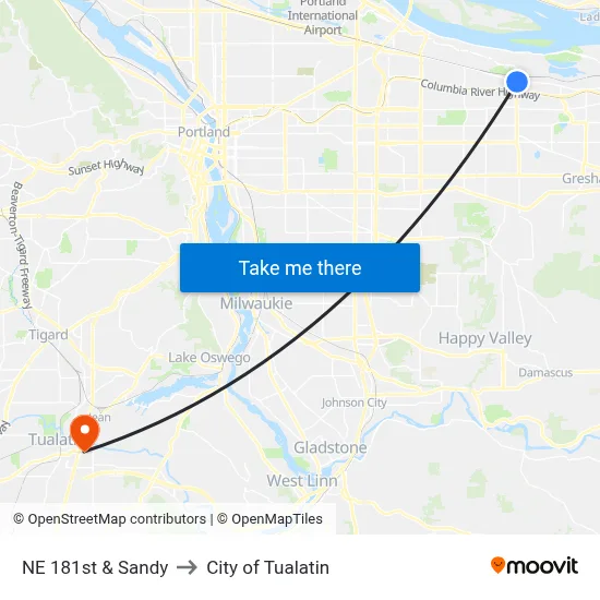 NE 181st & Sandy to City of Tualatin map
