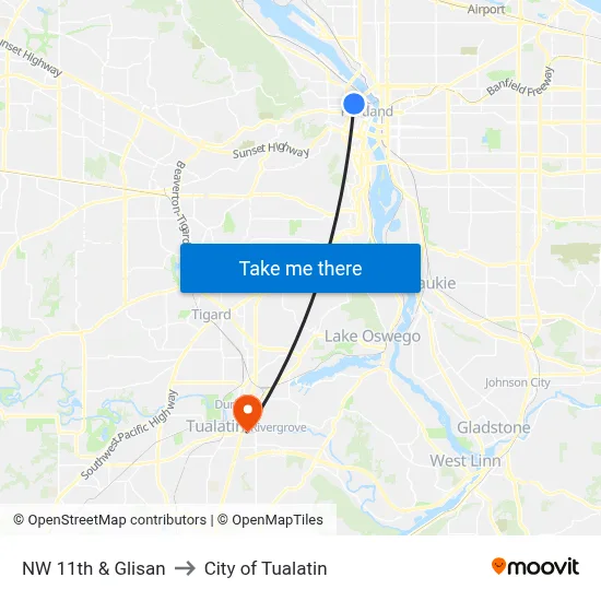 NW 11th & Glisan to City of Tualatin map