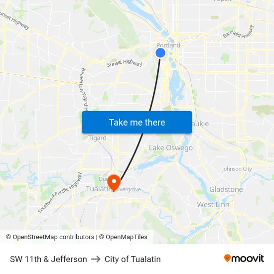 SW 11th & Jefferson to City of Tualatin map