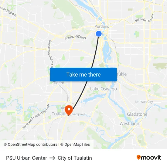 PSU Urban Center to City of Tualatin map