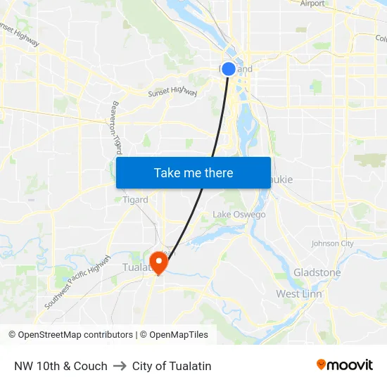 NW 10th & Couch to City of Tualatin map
