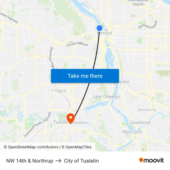 NW 14th & Northrup to City of Tualatin map