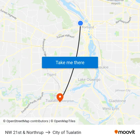 NW 21st & Northrup to City of Tualatin map