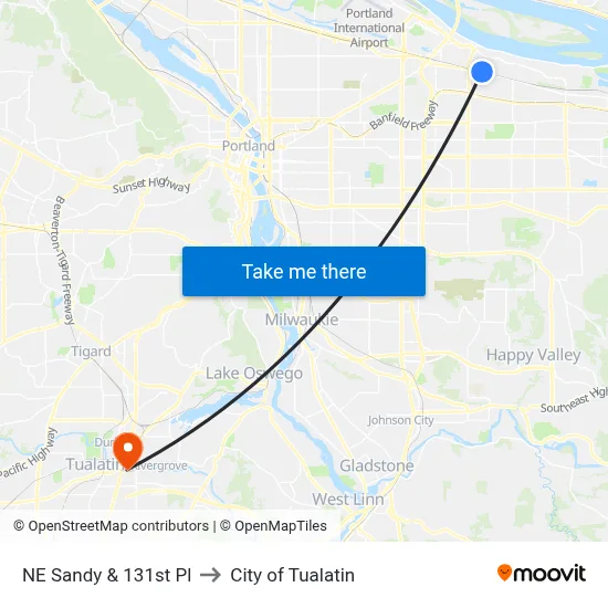 NE Sandy & 131st Pl to City of Tualatin map