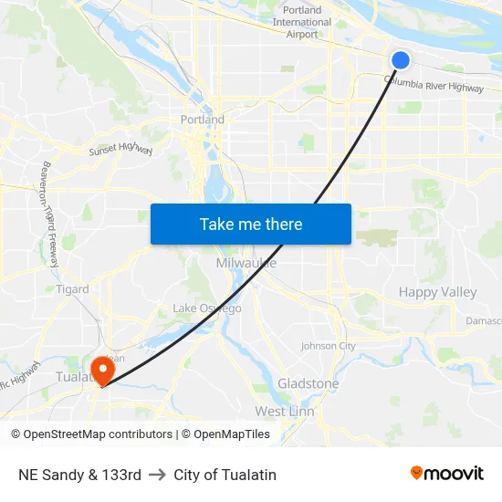 NE Sandy & 133rd to City of Tualatin map