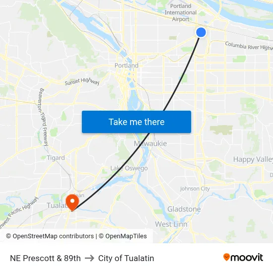 NE Prescott & 89th to City of Tualatin map
