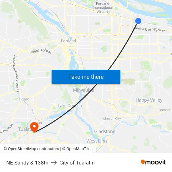 NE Sandy & 138th to City of Tualatin map