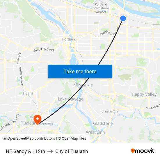 NE Sandy & 112th to City of Tualatin map