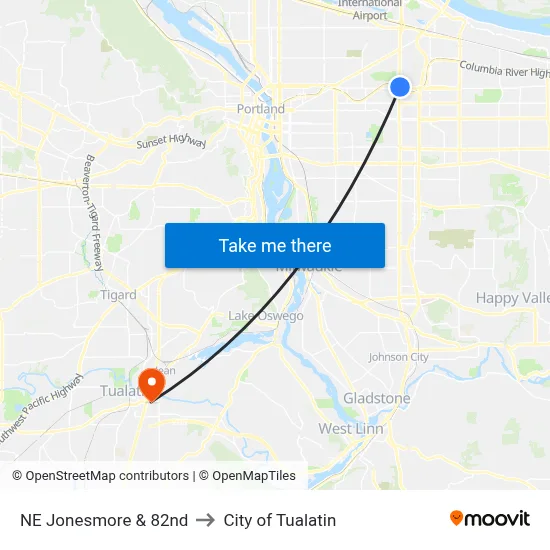 NE Jonesmore & 82nd to City of Tualatin map